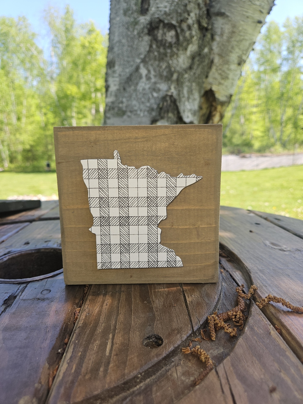 Plaid Minnesota Wood Block Sign - White Plaid on Natural Wood